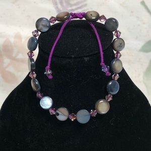 Hand Made Adjustable Bracelet w/ Abalone & Purple Swarovski accents
